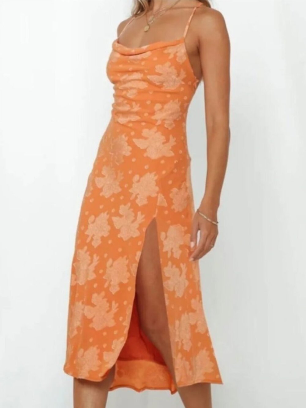 Hello Molly Drinks On Me Midi Dress Orange Floral Jacquard Cowl Neck Slit Size 8